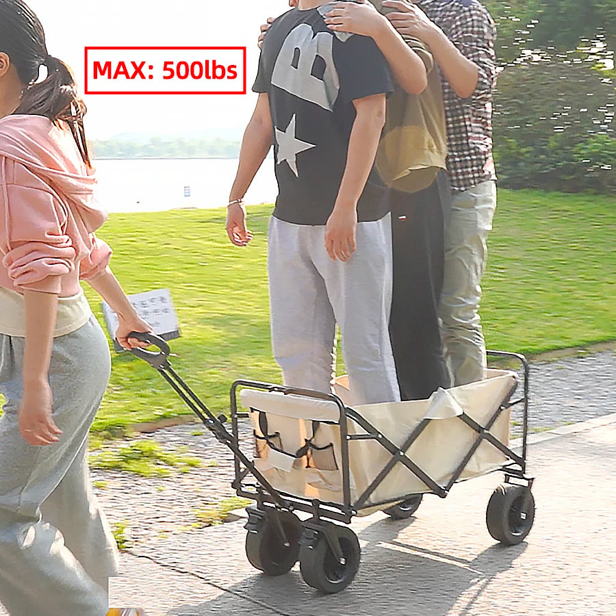 Heavy-Duty Folding Outdoor Wagon with Built-In Table & Tank Wheels – STC8-3-Mika-Table (Beige Brown)