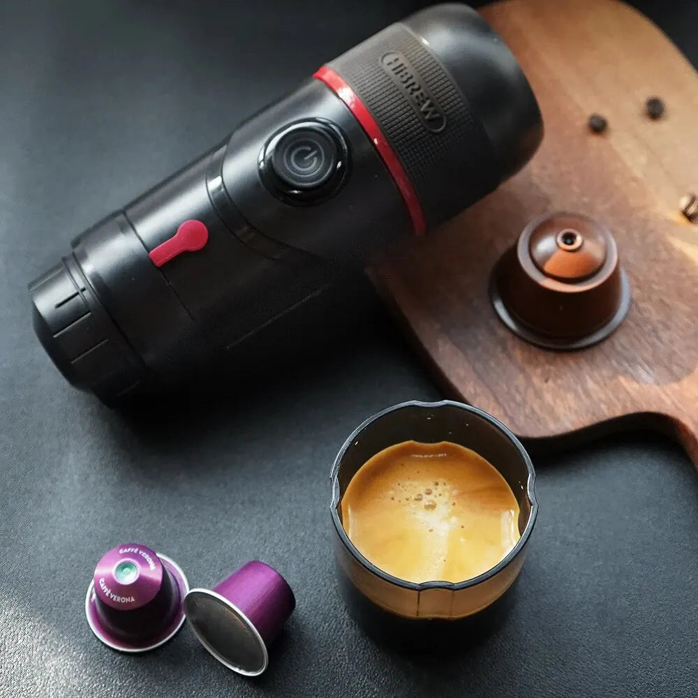 Compact 12V Espresso Maker for Car & Home Works with Nespresso, Dolce Gusto & Ground Coffee