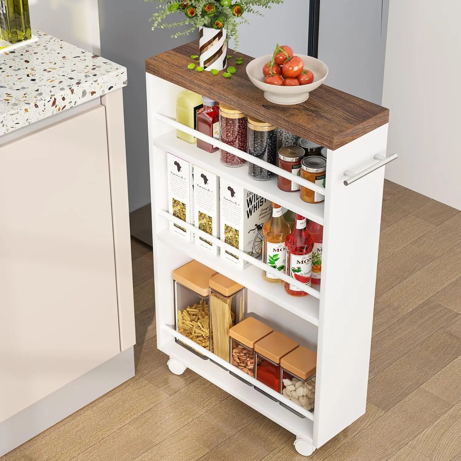Slim Rolling Storage Cart with 3 Shelves and Lockable Wheels for Kitchen, Laundry and Bathroom White
