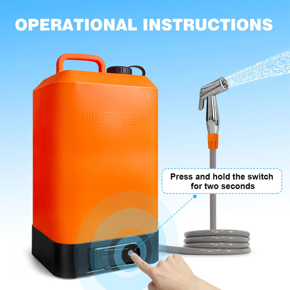16L Portable Electric Shower for Camping IPX6 Pump with USB Recharge & Long Hose