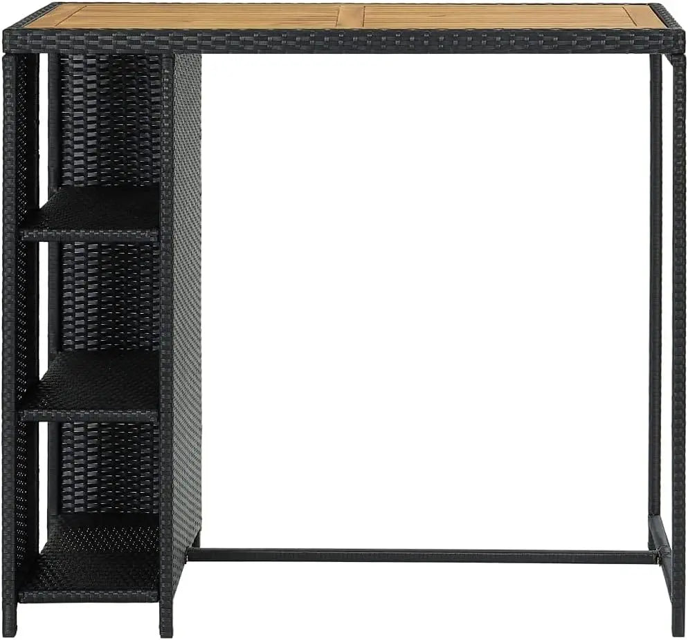 Outdoor Bar Table with 3-Tier Storage Rack – Black Rattan & Acacia Wood Top