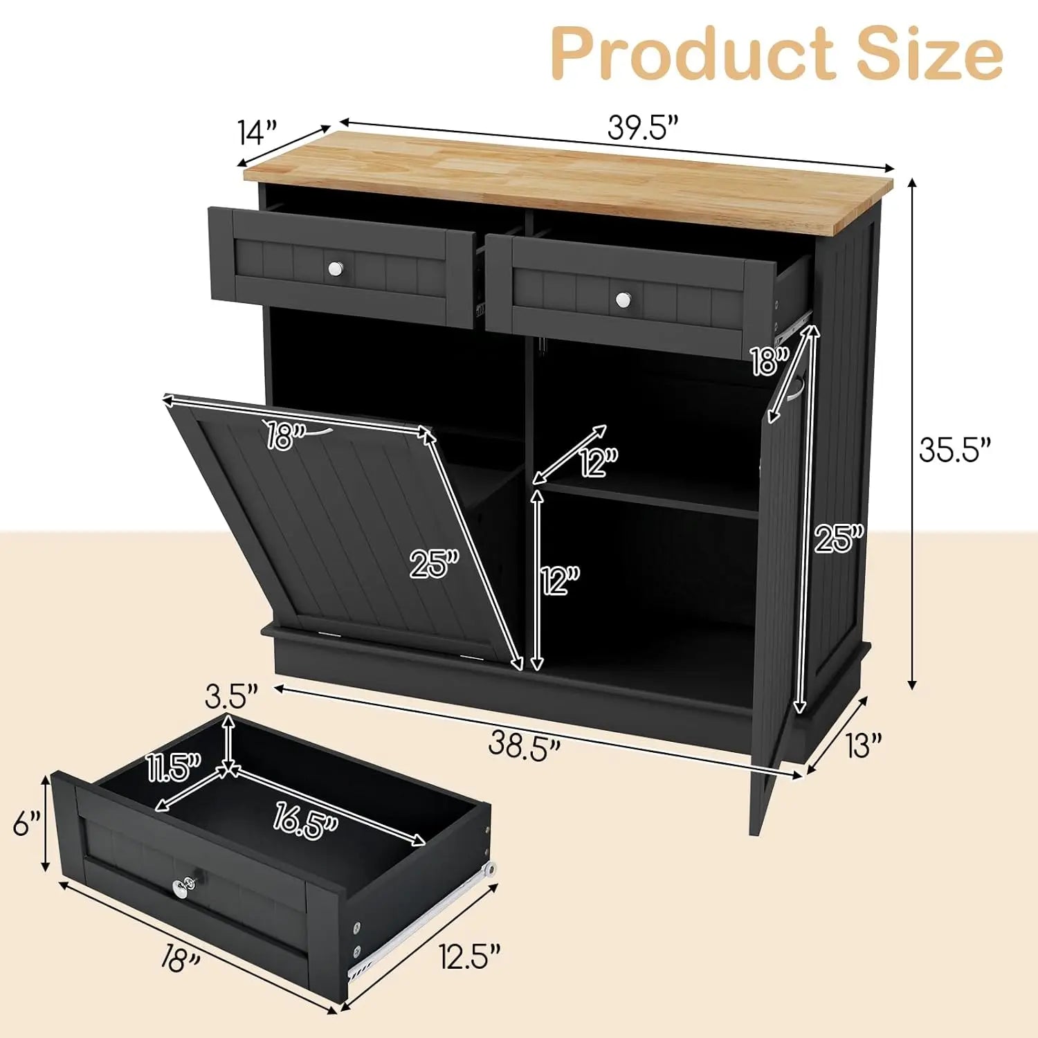 Portable Kitchen Island with 15.5 Gallon Tilt-Out Bin, Rubber Wood Top & Storage Drawers