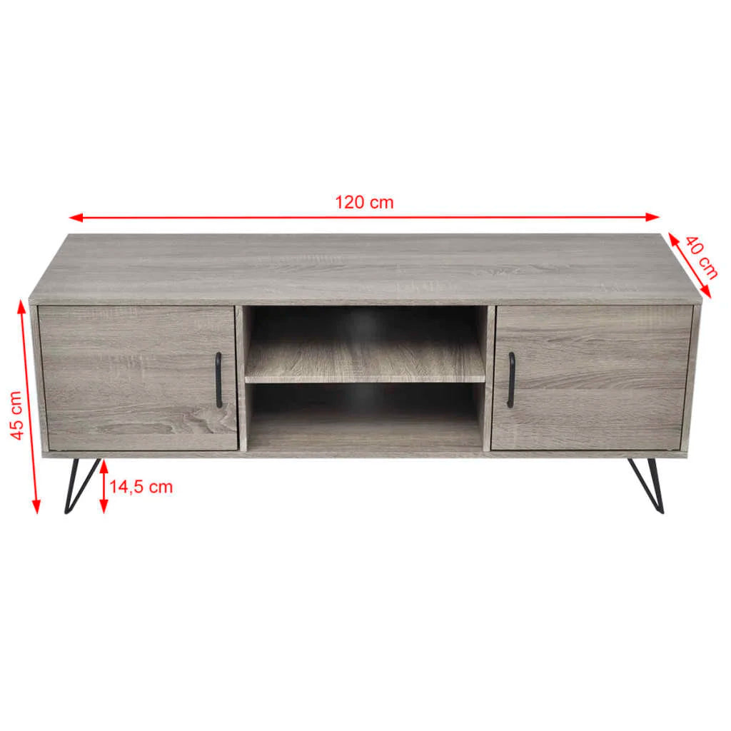 120cm Entertainment Unit – Grey MDF TV Stand with Doors, Open Shelves & Steel Legs