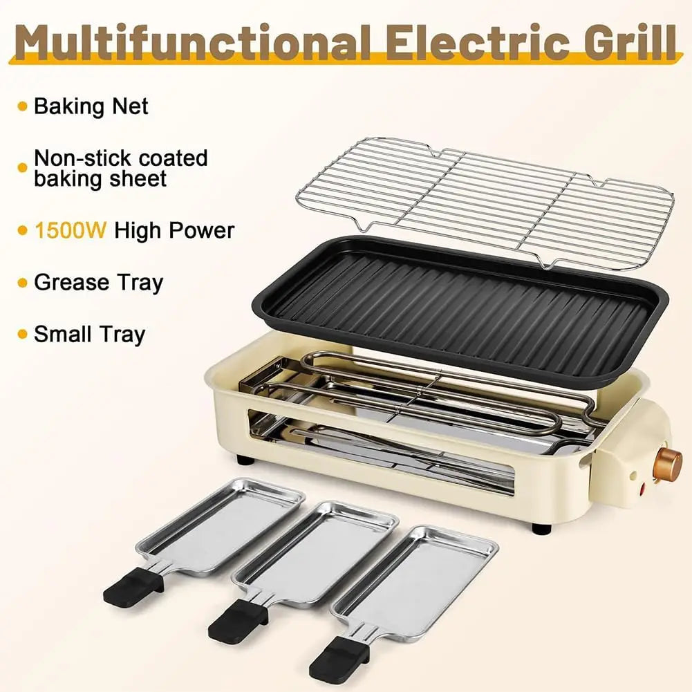 1500W Smokeless Electric Barbecue Grill with 3 Non-Stick Plates & Skewers