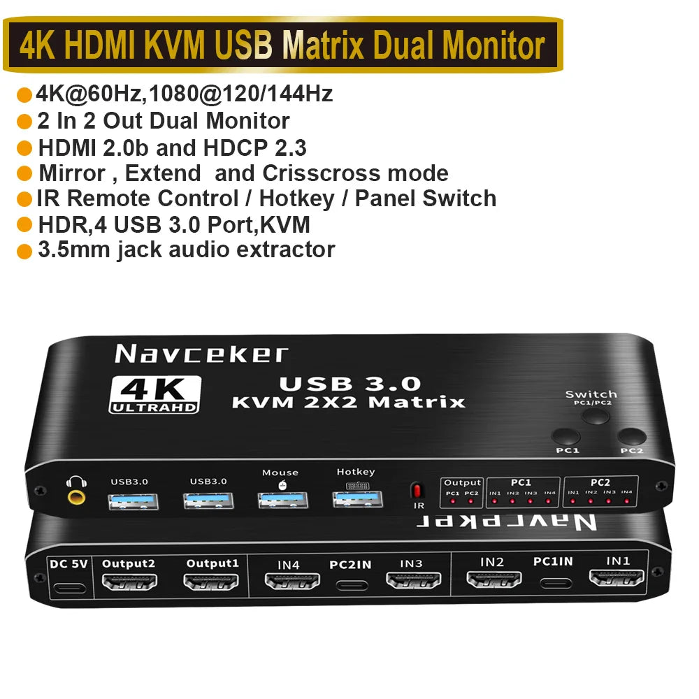 2-Port USB HDMI KVM Switch for 2 Monitors and PCs