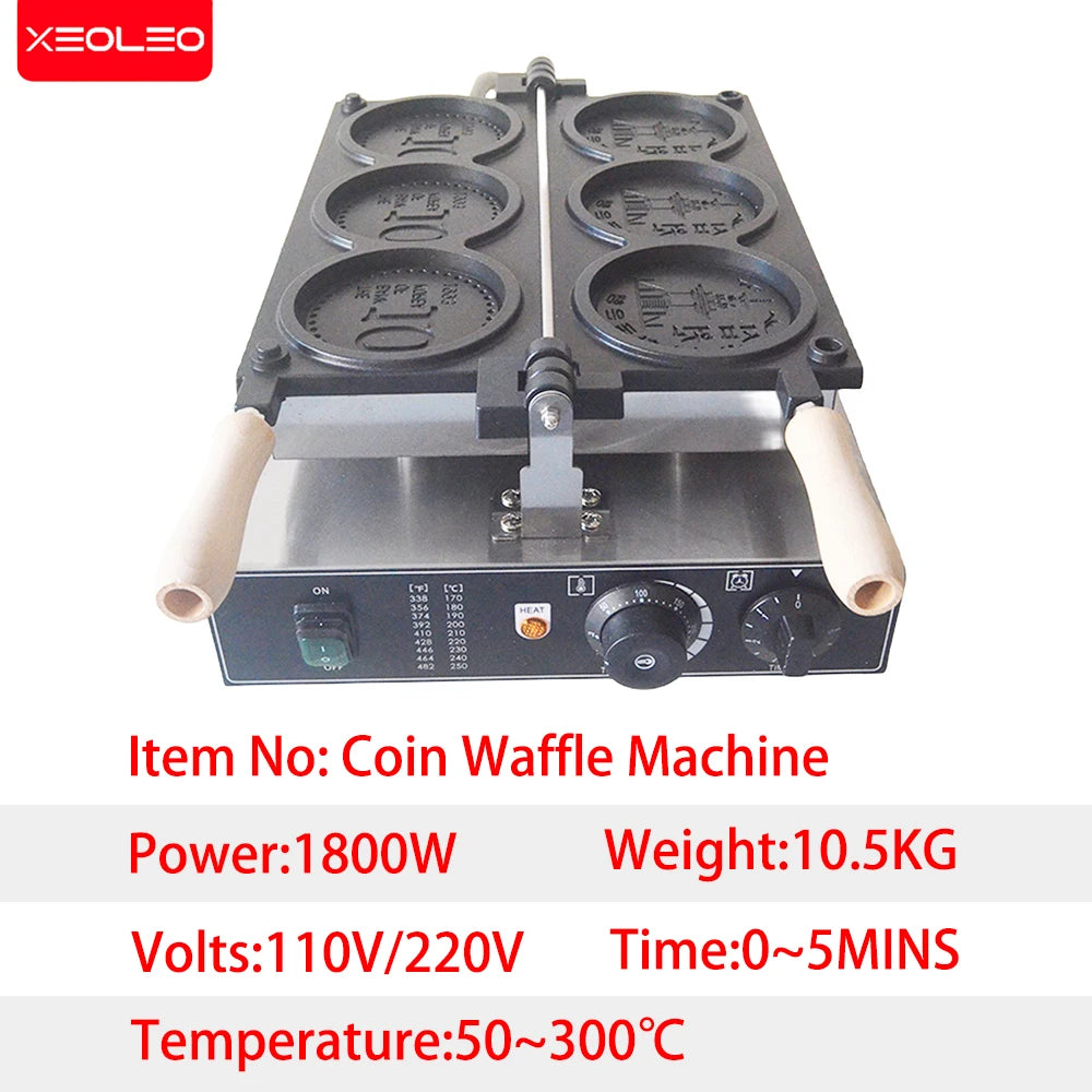 1800W Electric Coin Waffle Maker with Adjustable Thermostat