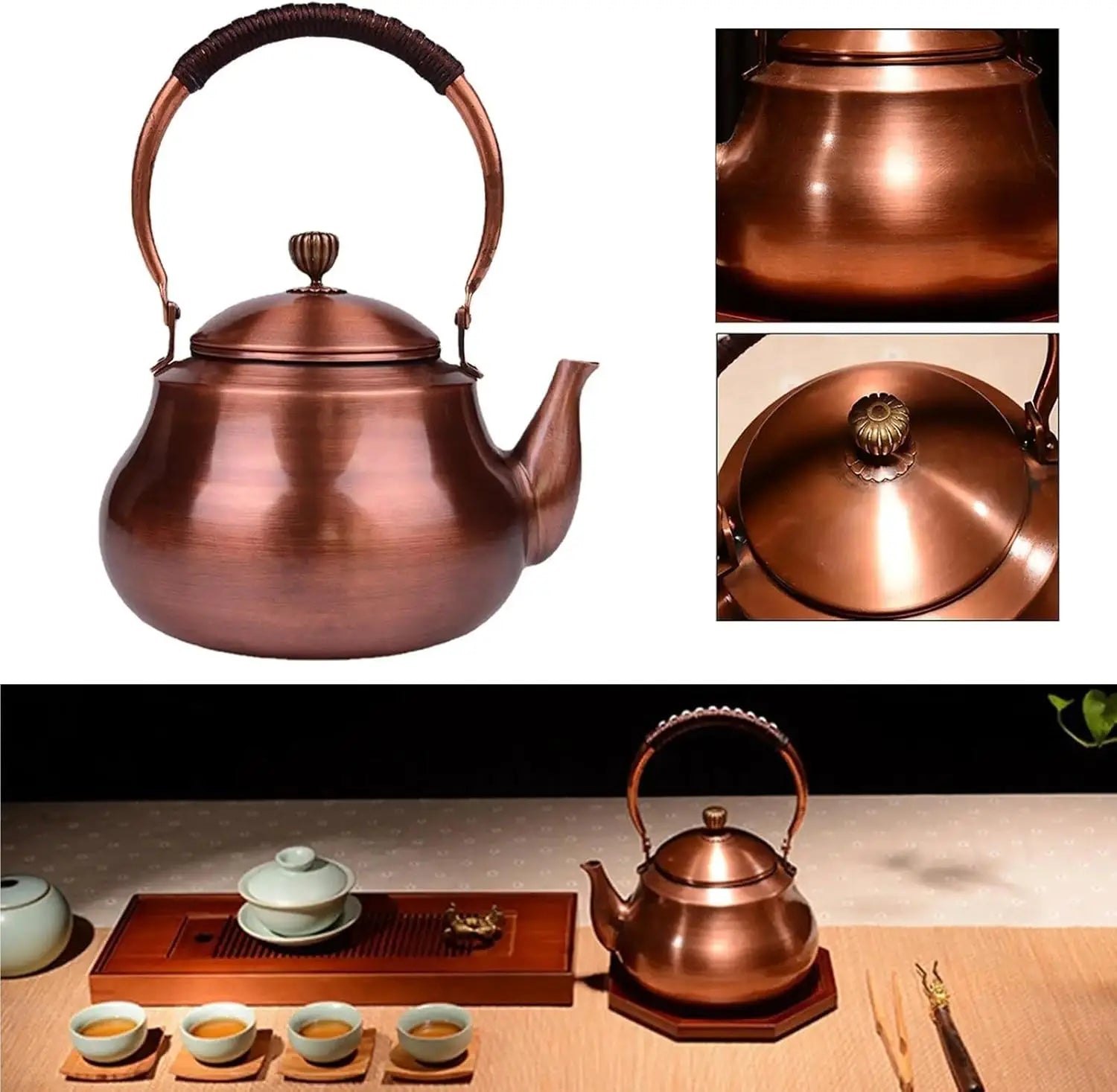 1.5L Copper Tea Kettle with Whistling Spout & PU Leather Handle – Gas, Induction, Electric