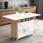 Extendable Folding Dining Table with Open Shelf and Hidden Cabinet Marble White