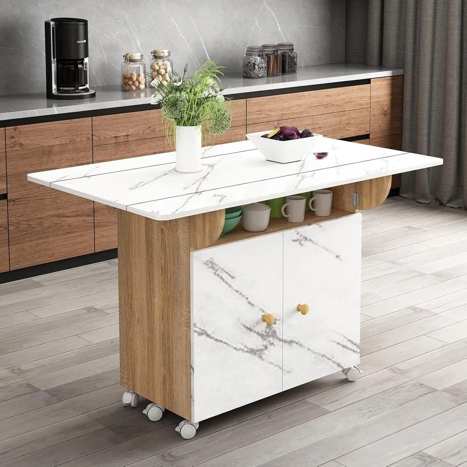 Extendable Folding Dining Table with Open Shelf and Hidden Cabinet Marble White