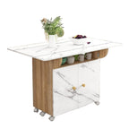 Extendable Folding Dining Table with Open Shelf and Hidden Cabinet Marble White