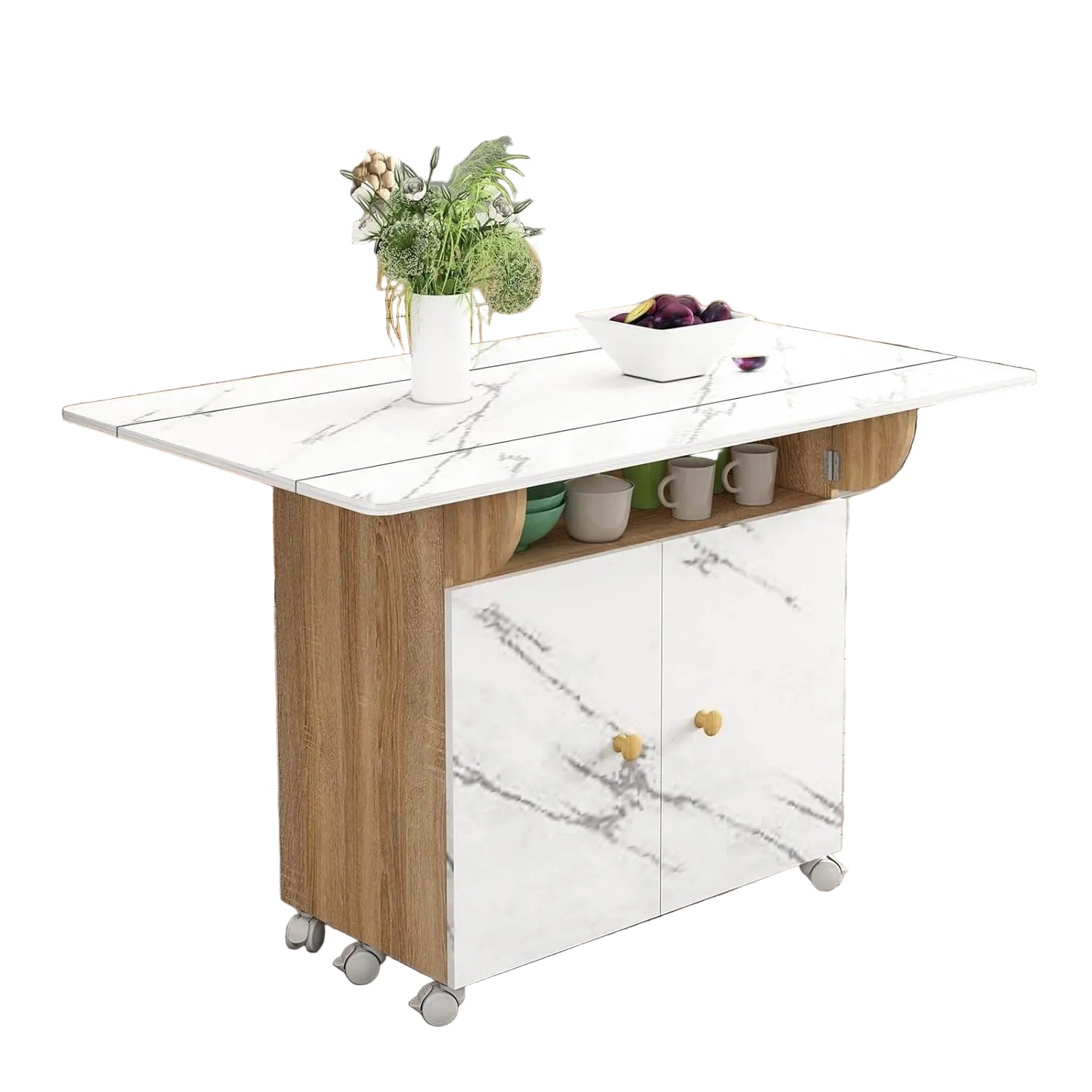 Extendable Folding Dining Table with Open Shelf and Hidden Cabinet Marble White