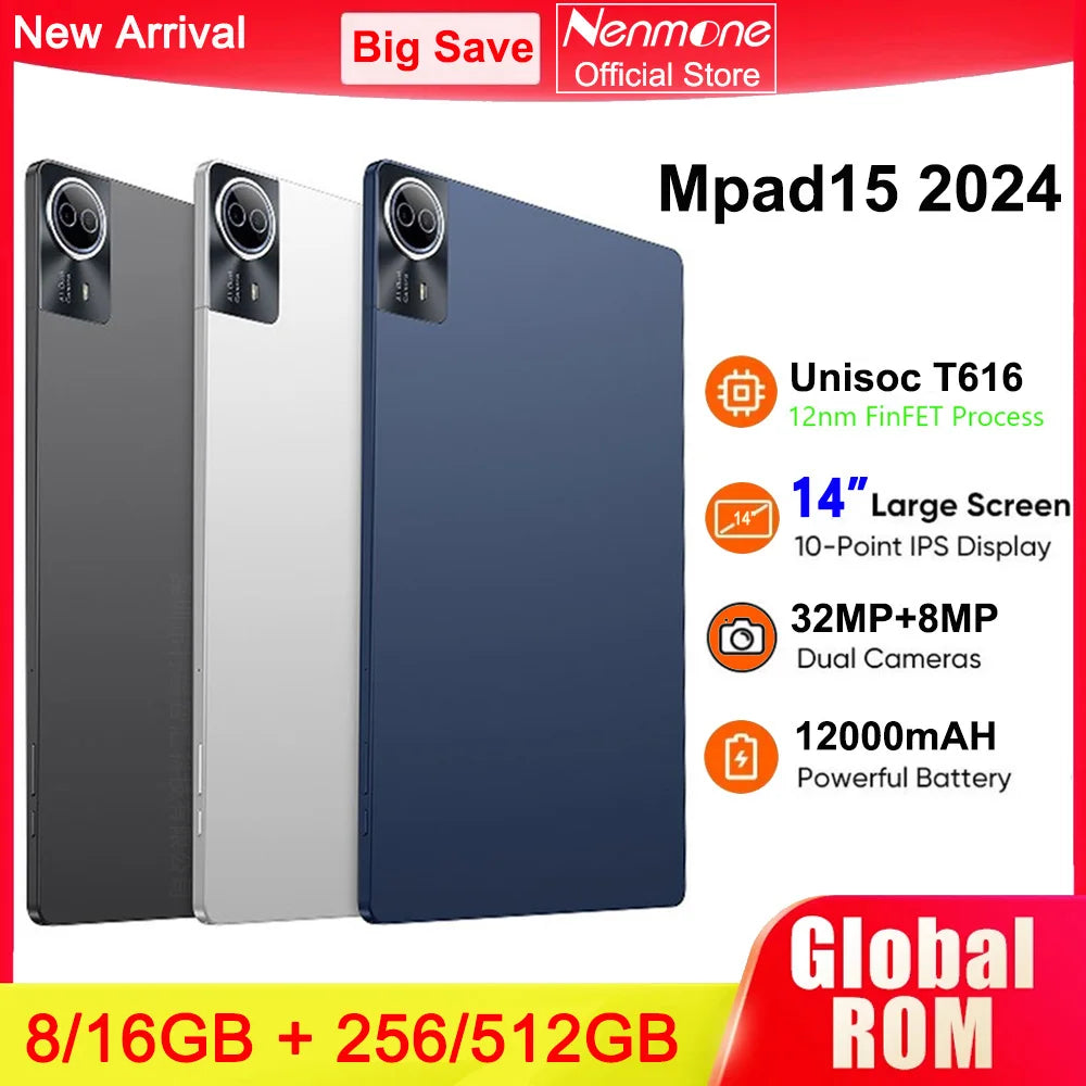 14" Android 2-in-1 Tablet with 12000mAh Battery, 16GB RAM, 512GB Storage, Dual SIM
