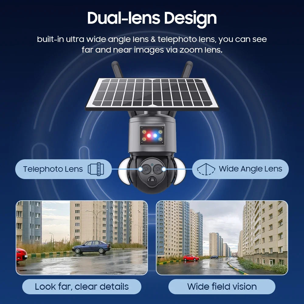 Outdoor Solar PTZ Security Camera 4K 8MP, Dual Lens, 12X Zoom, Night Vision, WiFi/4G Wireless