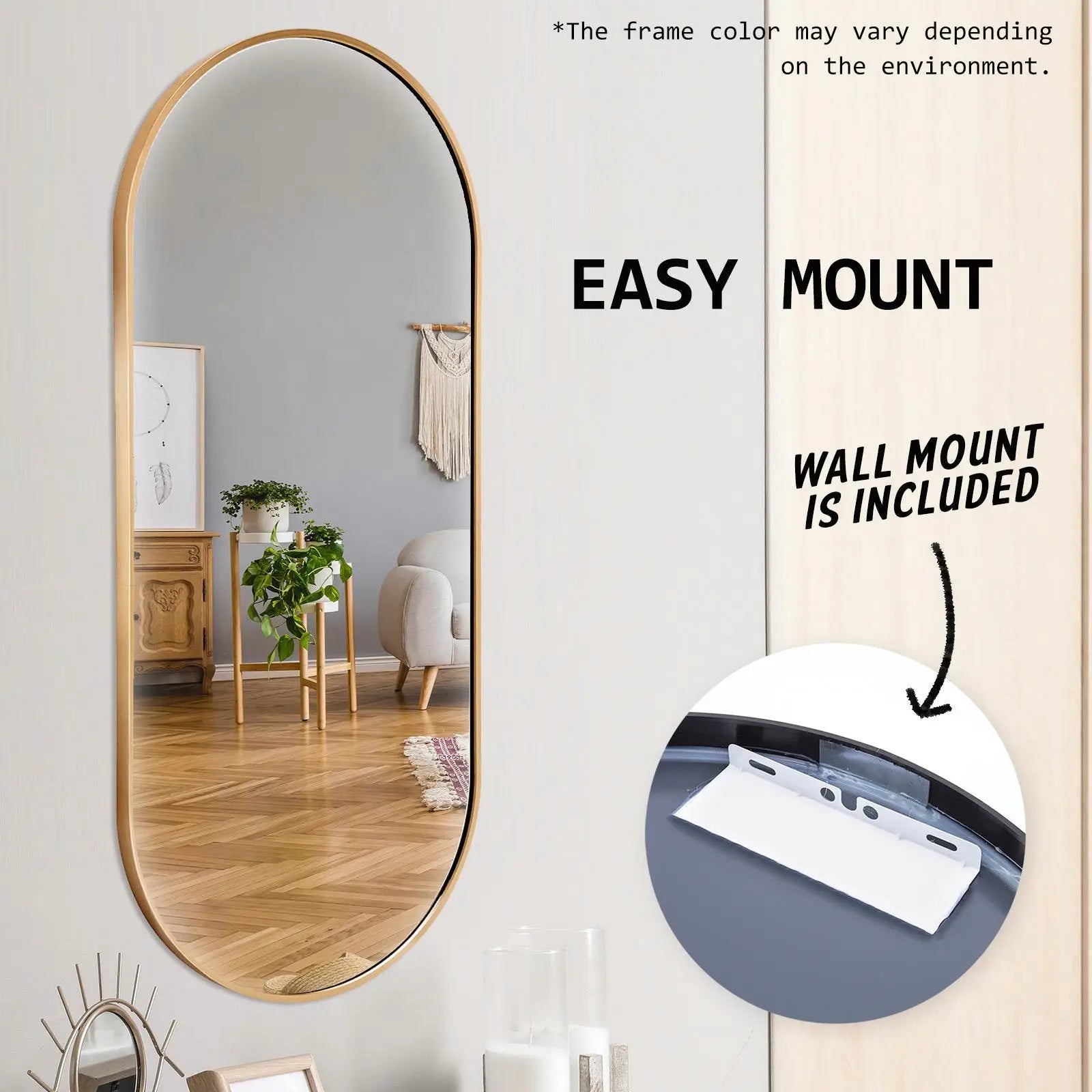 2-Pack Oval Wall Mirrors 45x100cm Gold Aluminum Frame