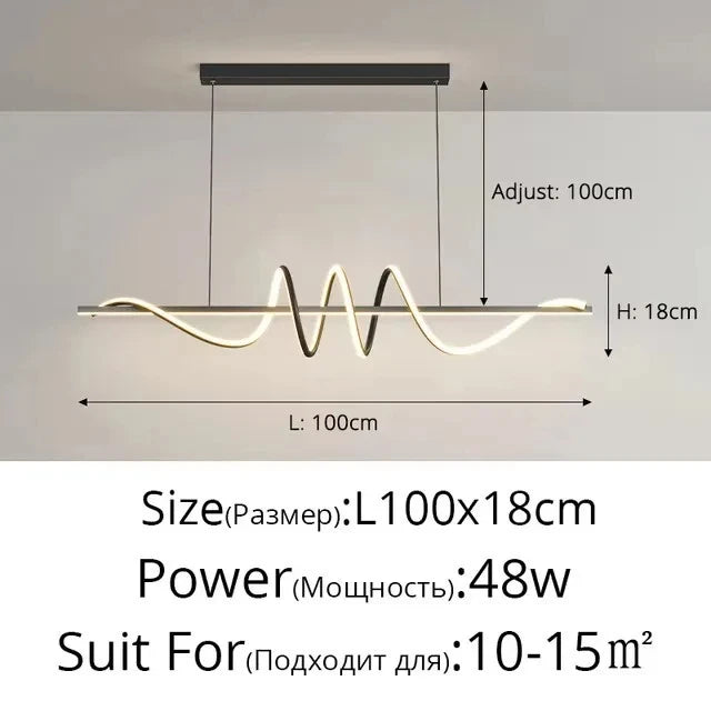 Minimalist 100cm Dimmable LED Pendant Light – Black Wave Design for Kitchen, Dining, or Bar