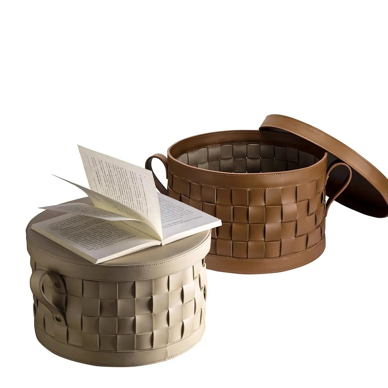 12L Leather Woven Storage Basket Round, Foldable & Soft Interior style4