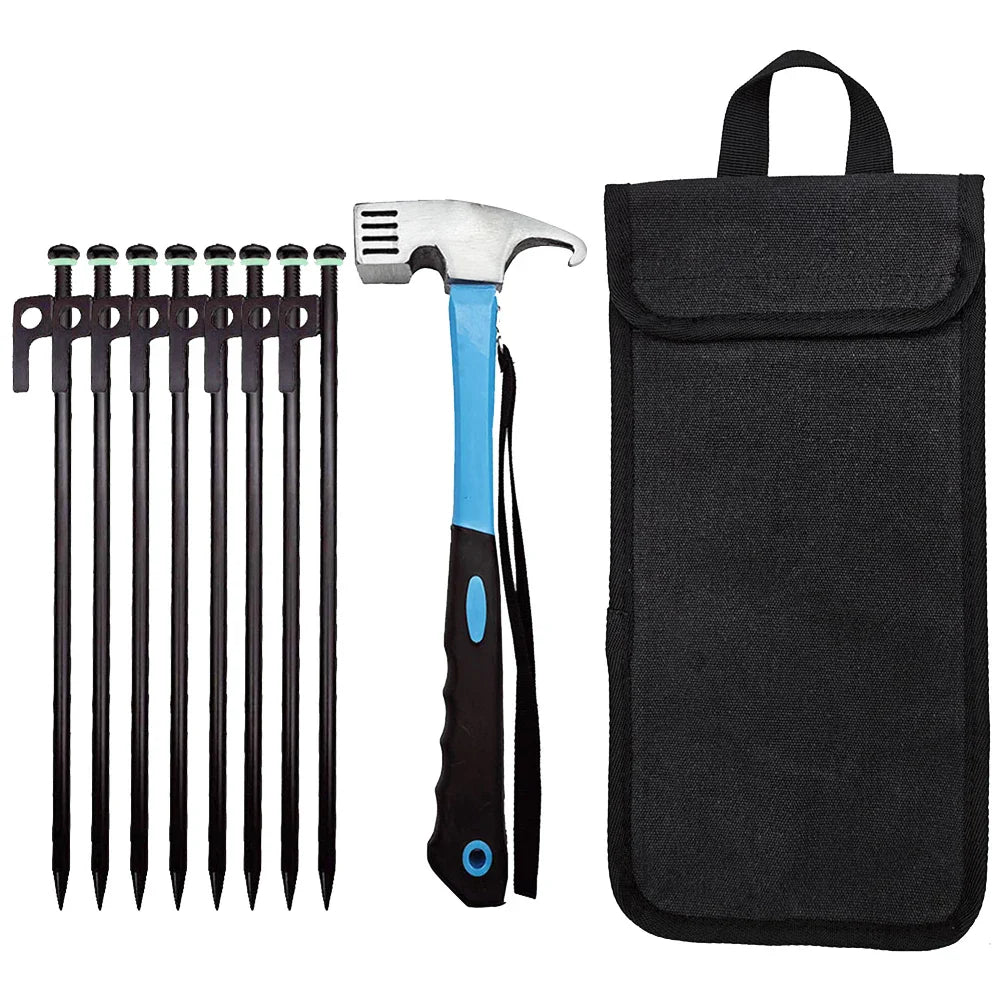 8-Piece Heavy Duty Tent Pegs Kit with Hammer – Black