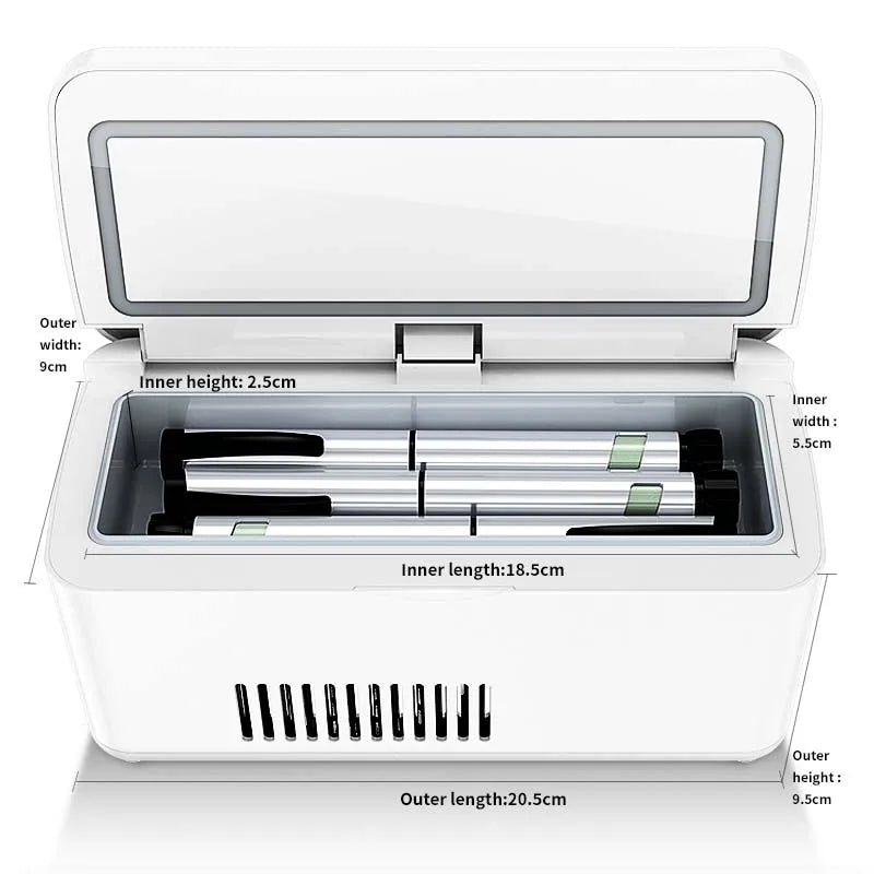 White Portable Insulin Fridge with LCD Display, 7800mAh Battery, 2–8°C Cooling for Travel Use