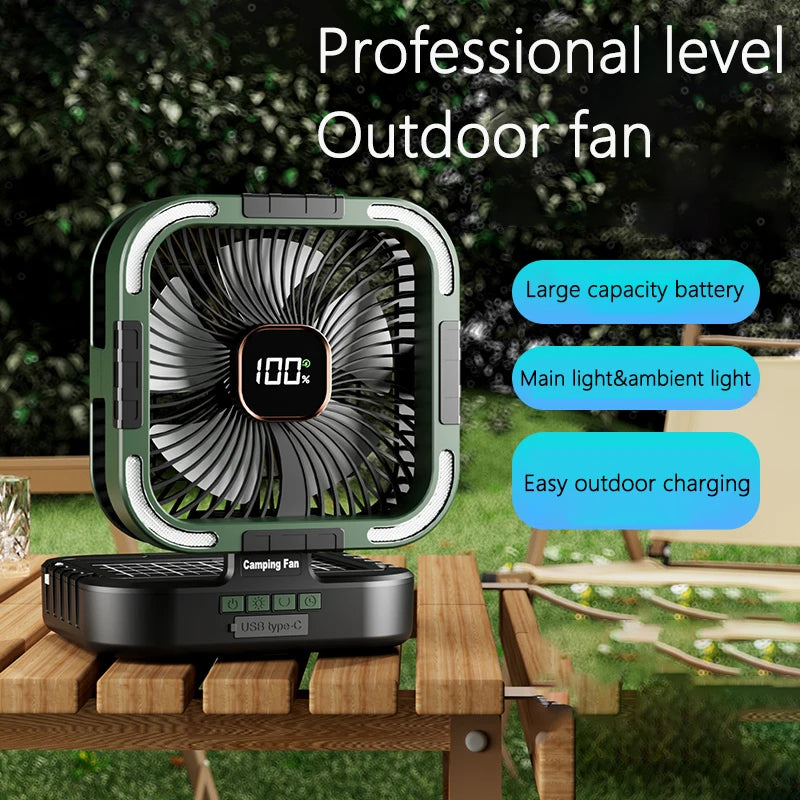 Rechargeable Outdoor Camping Fan with Lantern, 10000mAh Battery & Solar Panel