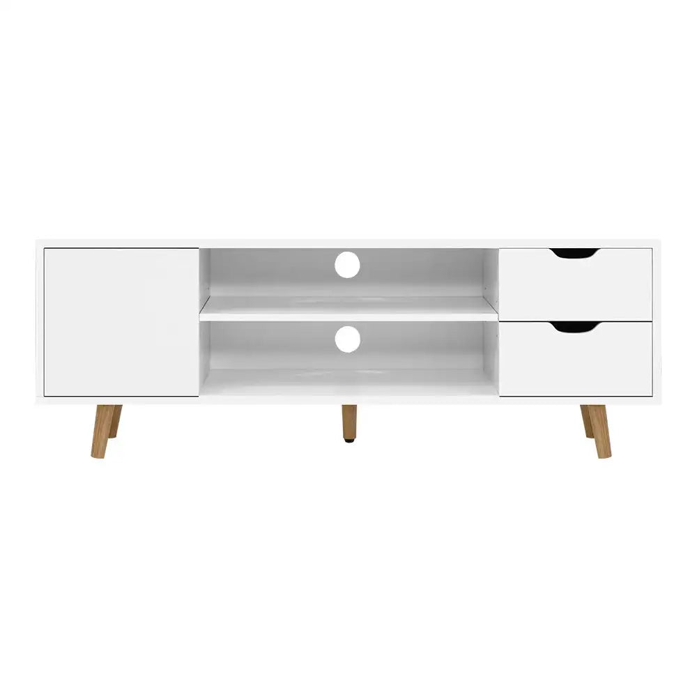 120cm Scandinavian TV Cabinet Entertainment Unit with Drawers & Shelves – White Wood Finish