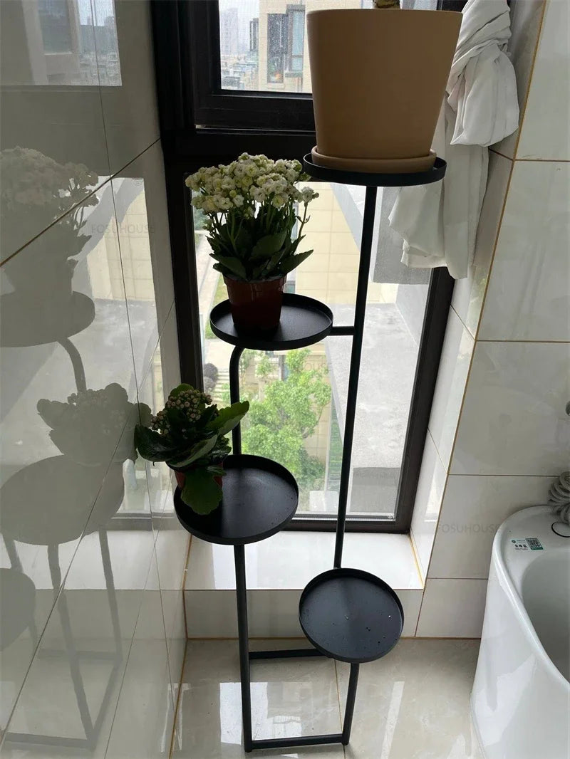 Floor-Standing Iron Plant Shelf 111cm Black Display Rack