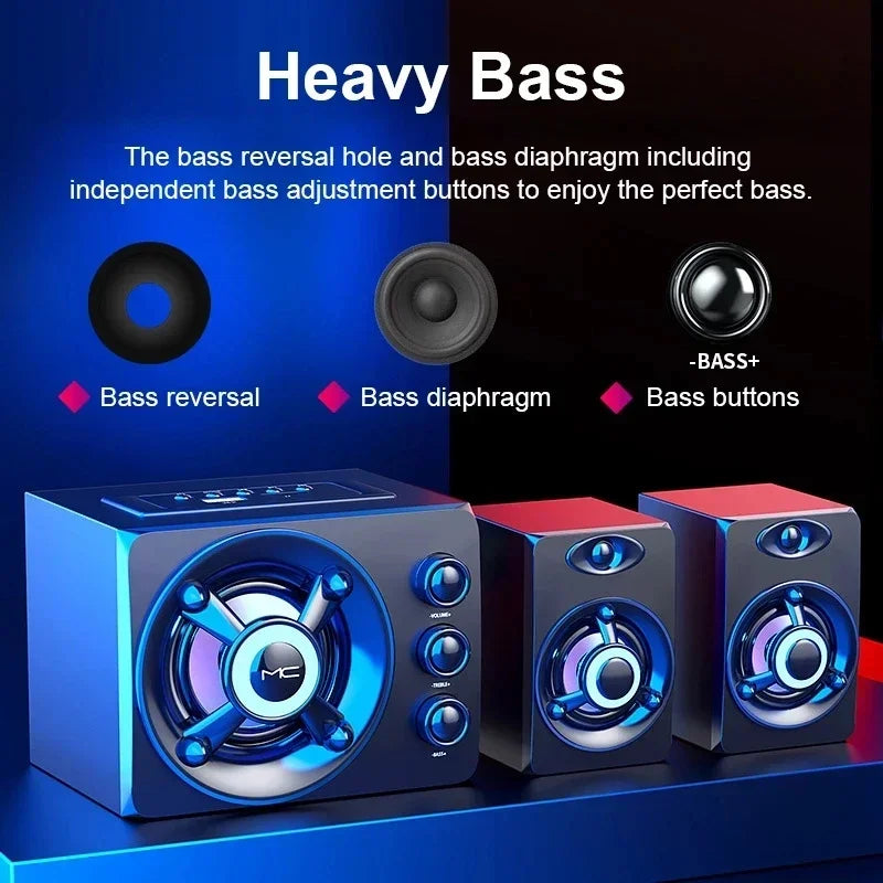 Portable Bluetooth 5.0 Home Theater Speakers with Subwoofer, Adjustable Bass & Colorful LED Lights