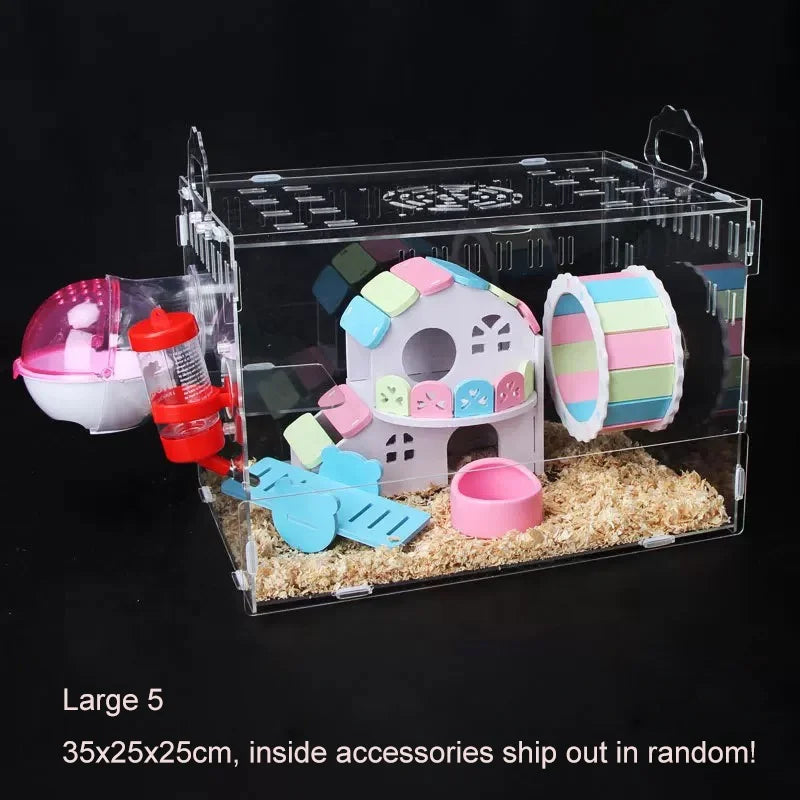 Transparent Hamster House with Accessories and LED Light – Beige
