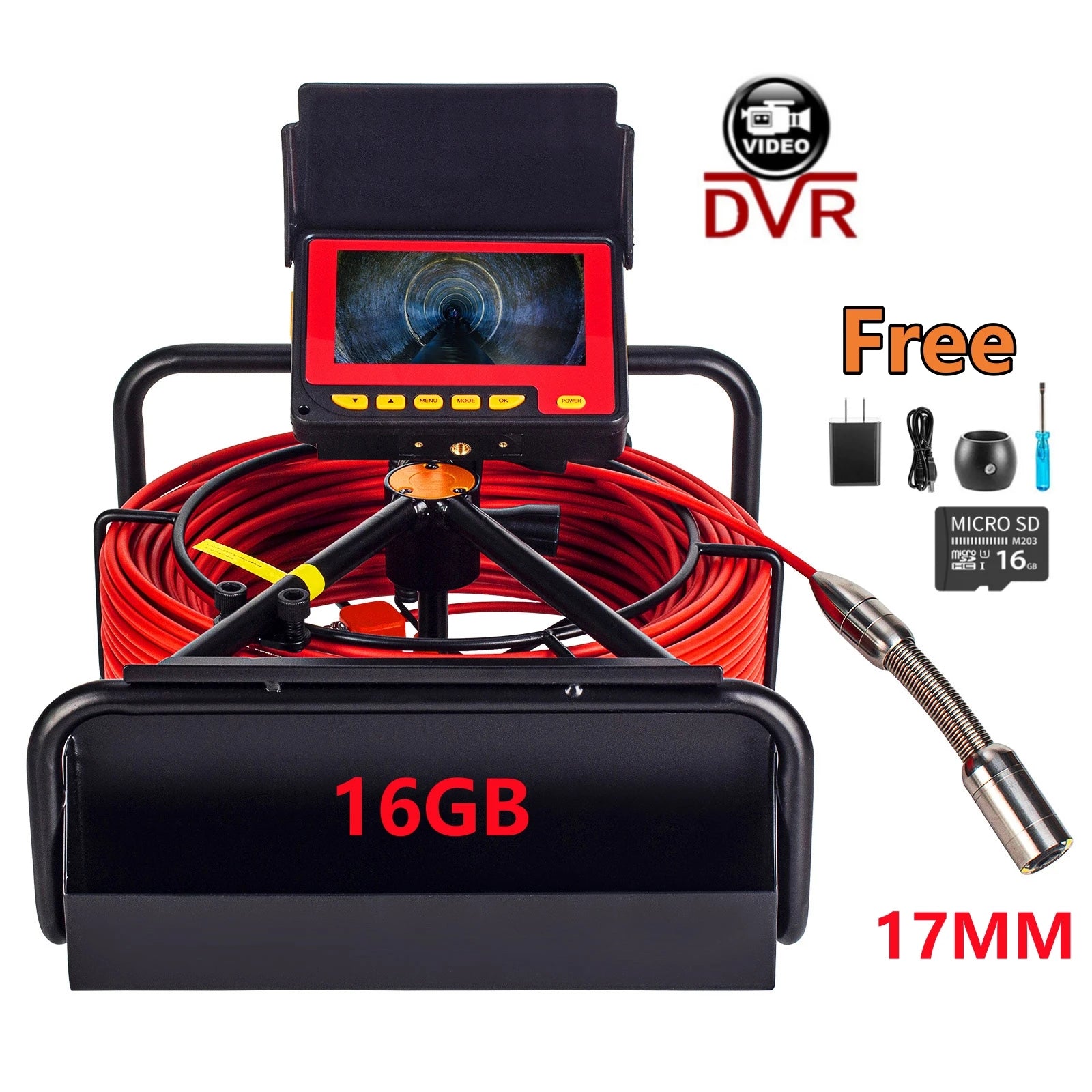 17mm Pipe Inspection Camera with 10m Cable, DVR Recorder & 4.3" Display