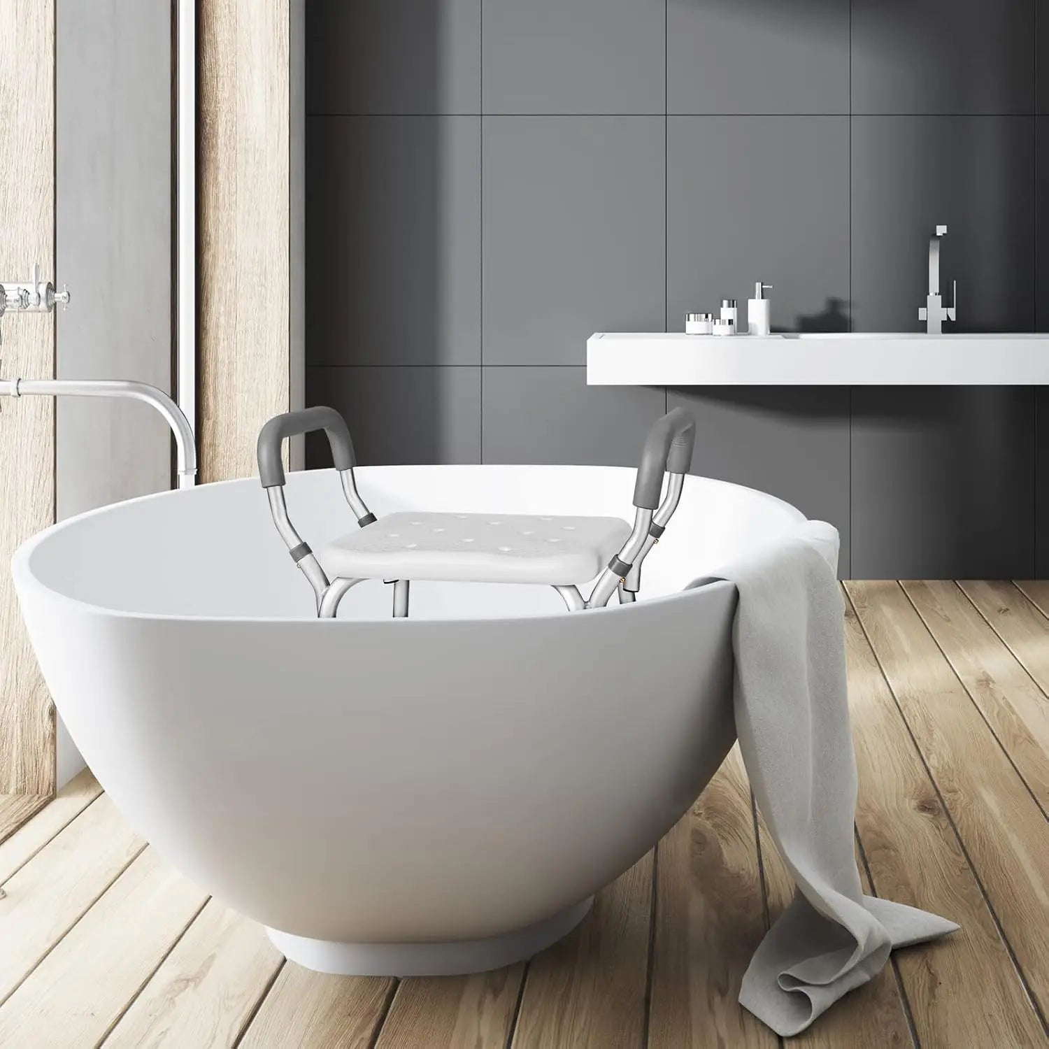 Shower Bench with Detachable Armrests Anti-Slip Bath Chair, Adjustable Height Design