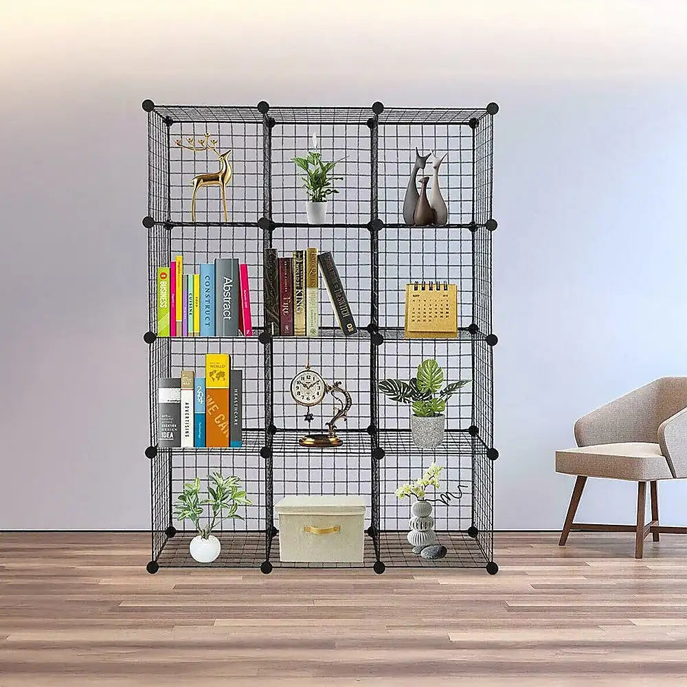 12-Cube Wire Storage Organizer – Modular Bookcase & Display Shelf (Black)