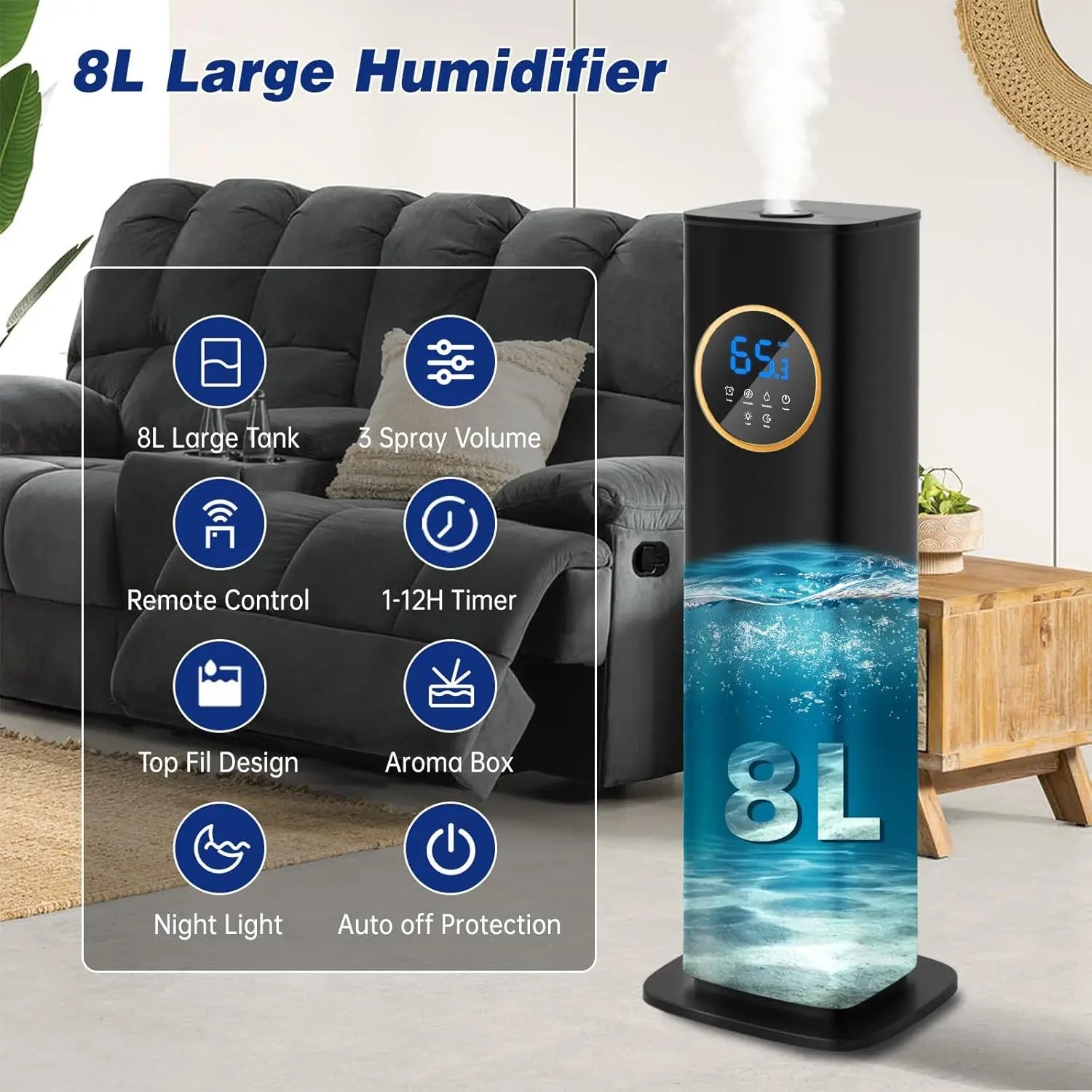 Large Room Top Fill Humidifier with 360° Nozzle & Adjustable Mist Levels