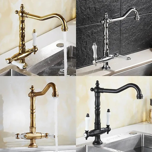 Antique Brass Kitchen Mixer Tap with Dual Handles and 360° Swivel Spout