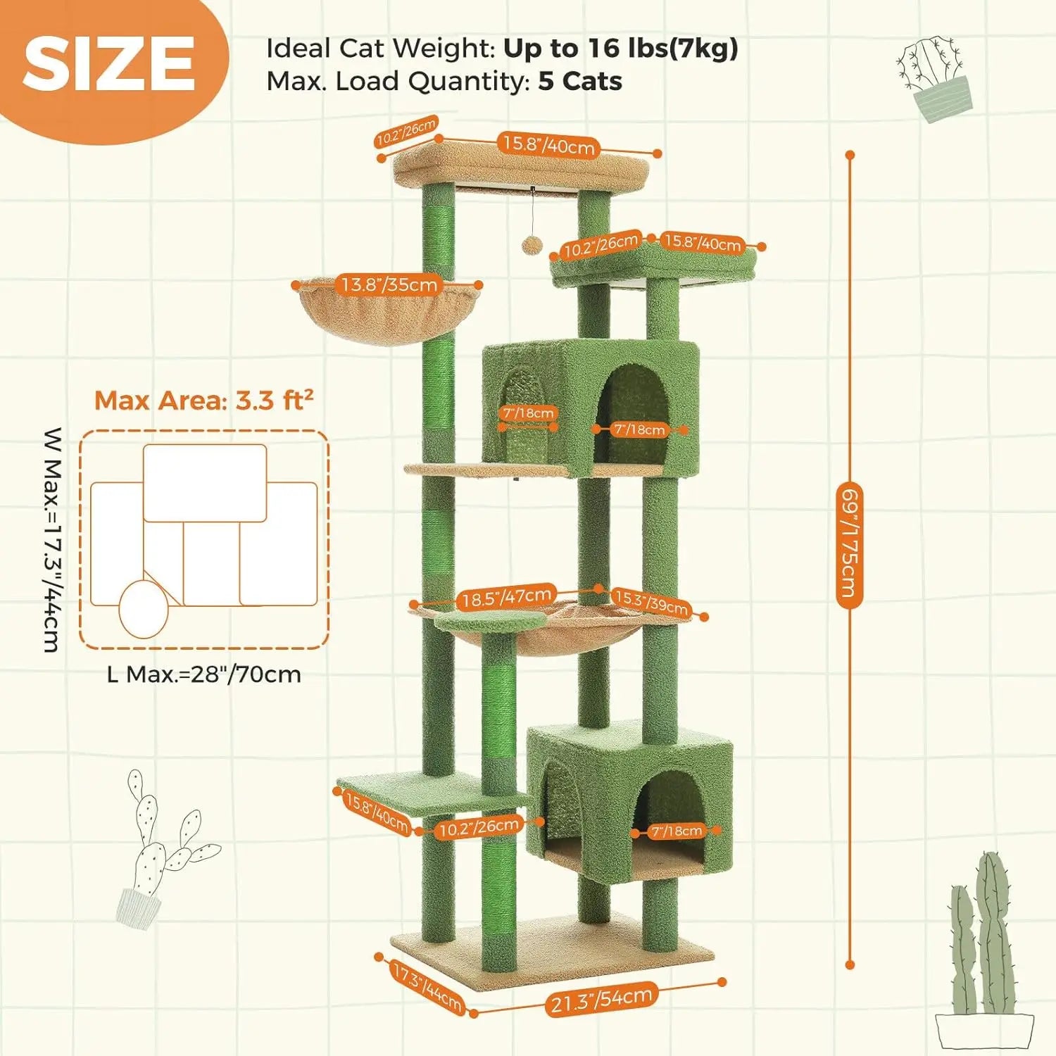 175cm Multi-Level Cactus Cat Tree with Cozy Condos and Sisal Scratching Posts
