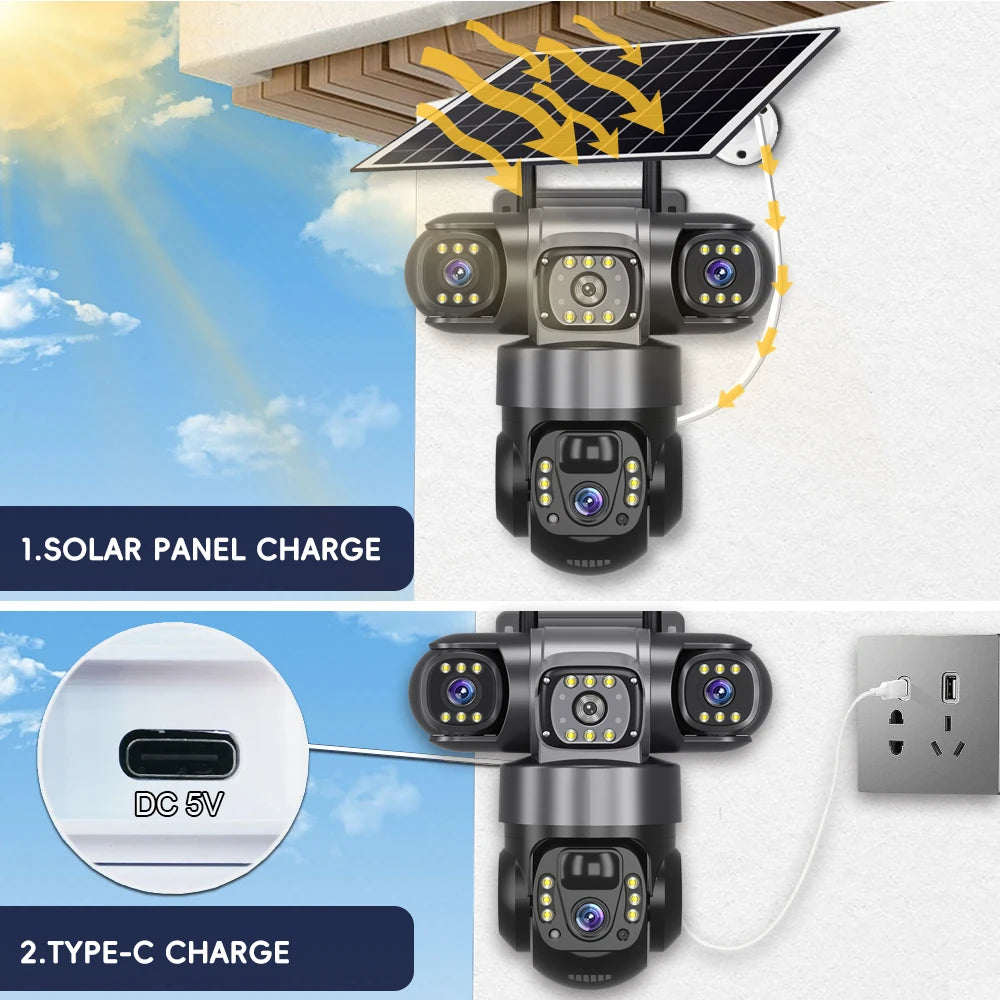 Solar 4G Outdoor Camera 64G 12MP 3-Lens, 10X Zoom, 8000mAh Battery, Remote Access