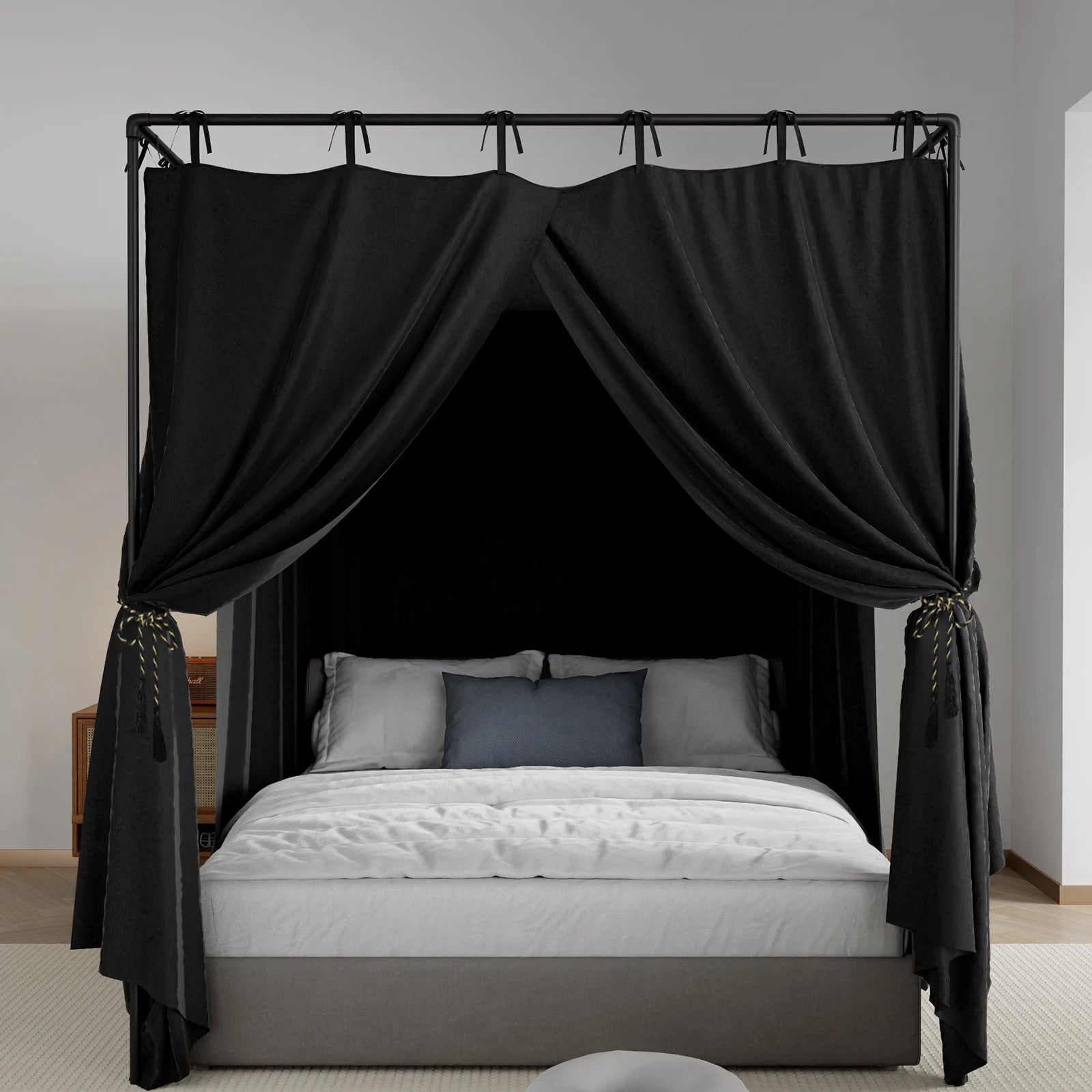 Black 152x203x190cm Bed Canopy Curtains Breathable, Lightproof 4-Panel Set with Full Coverage Design