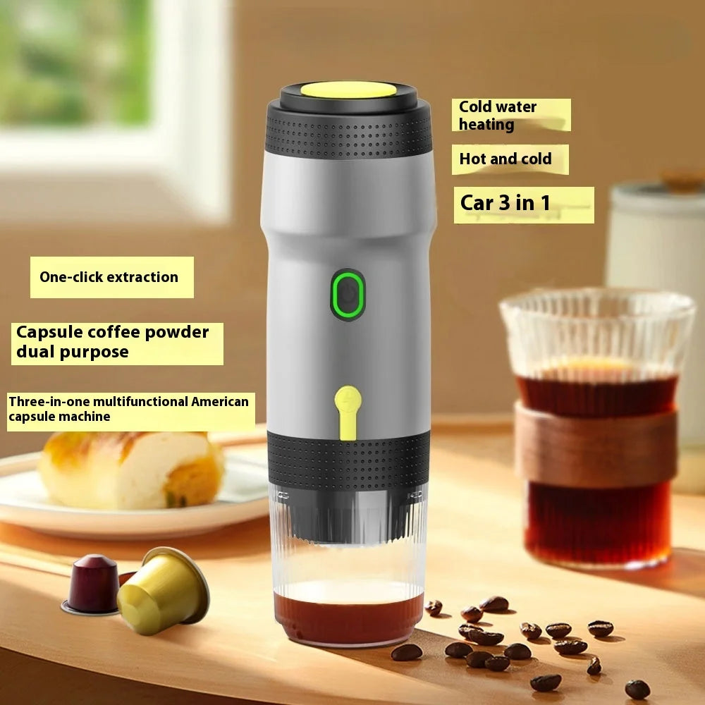 Portable 3-in-1 Capsule Coffee Machine Cordless, Rechargeable, for Home, Car & Camping
