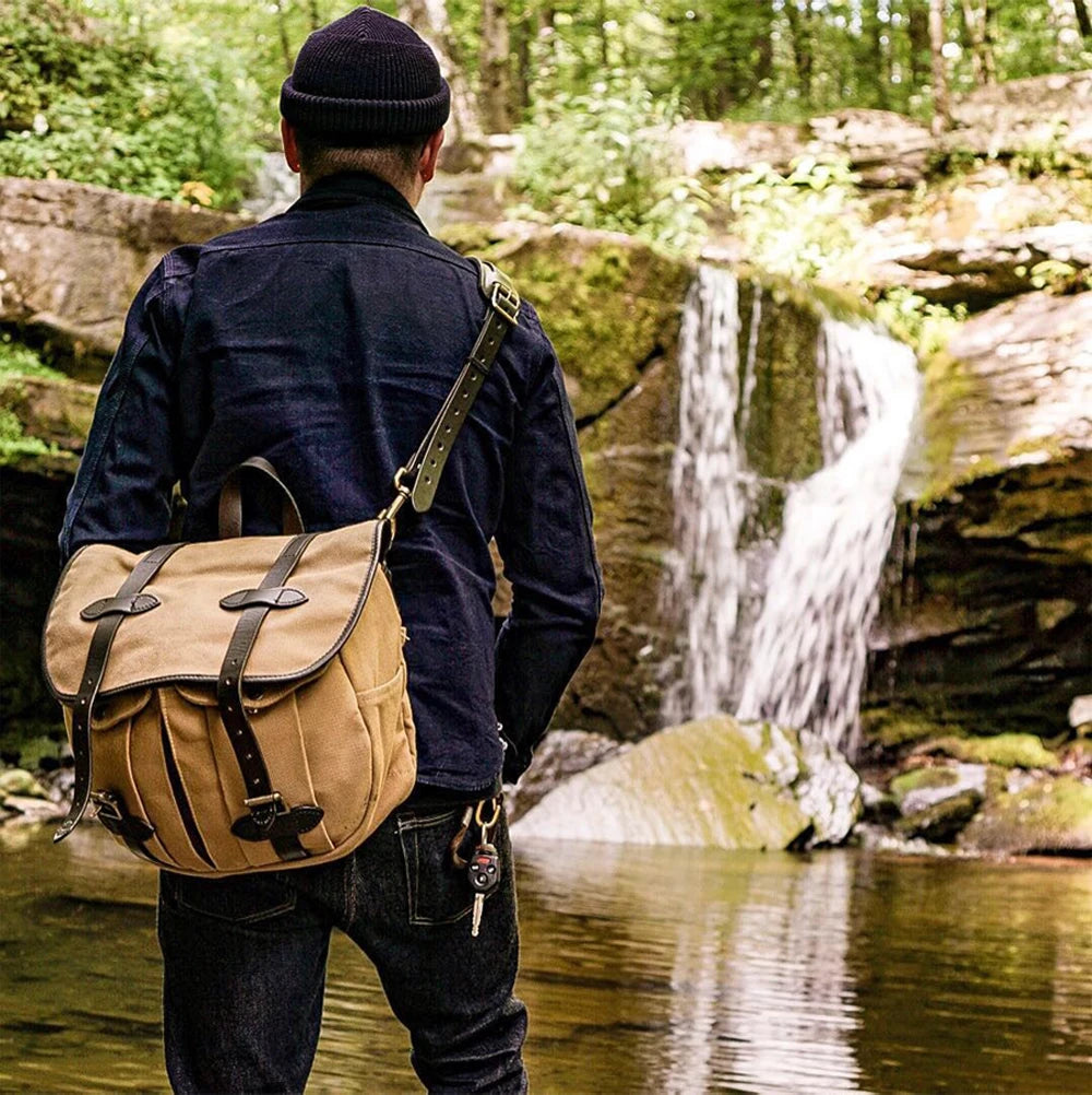 Khaki Vintage Canvas Travel Bag with Leather Strap – 14-Inch Unisex Shoulder Satchel