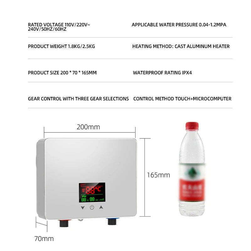Compact Electric Water Heater for Bathroom & Kitchen, Adjustable Temperature