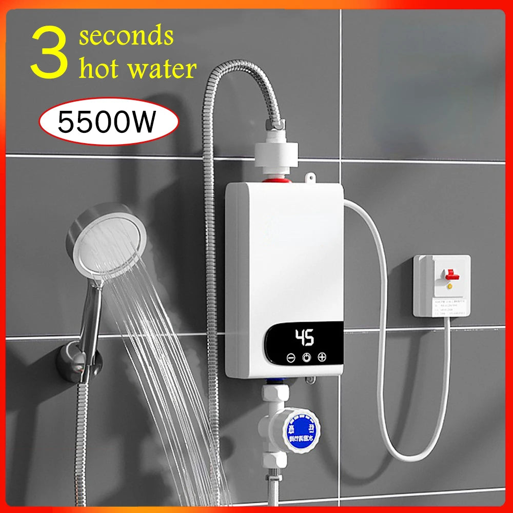 5500W Tankless Water Heater LCD Display, IPX4 Waterproof, With Accessories