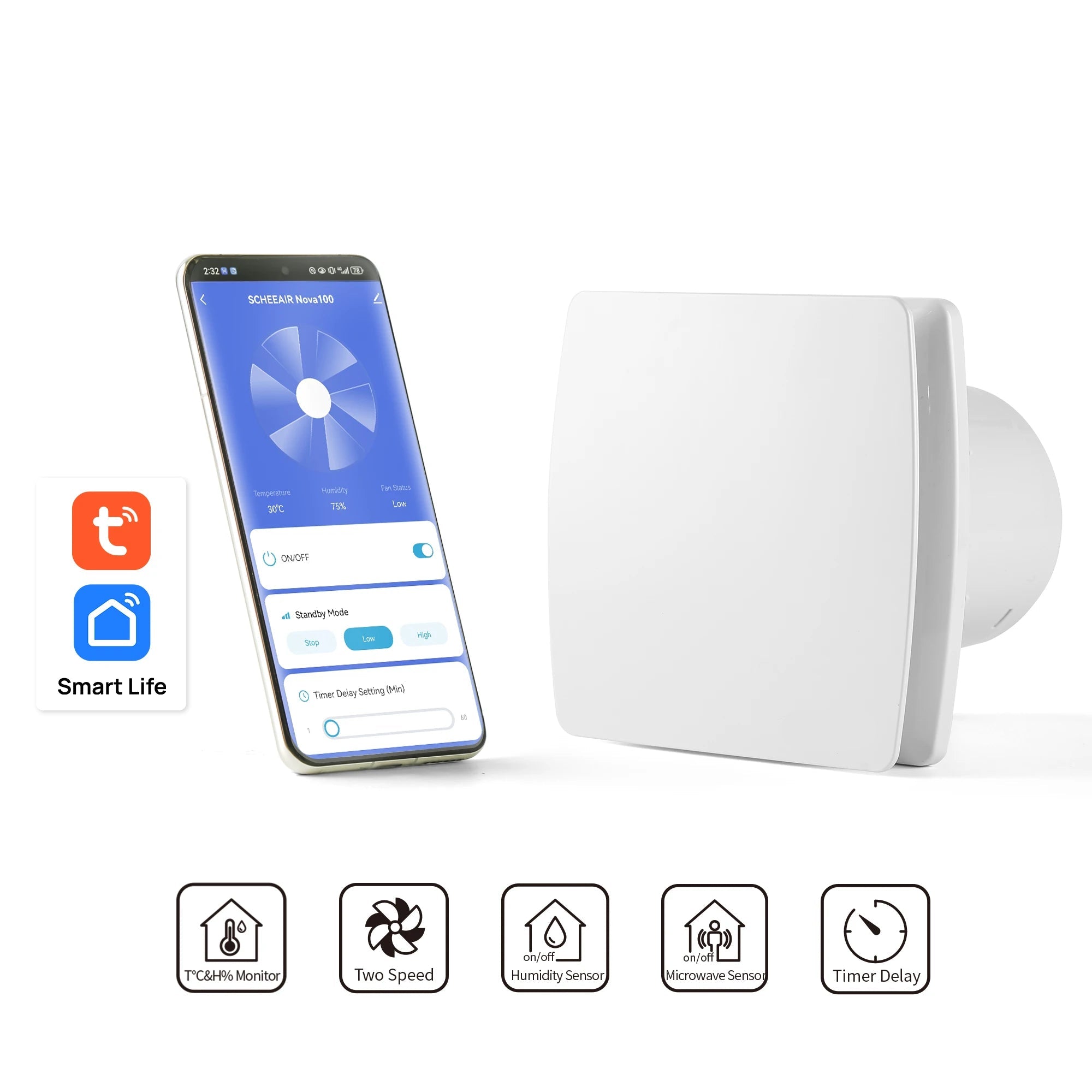 WiFi Smart Bathroom Exhaust Fan with Motion & Humidity Sensor – Quiet Operation, 100mm (220–240V)