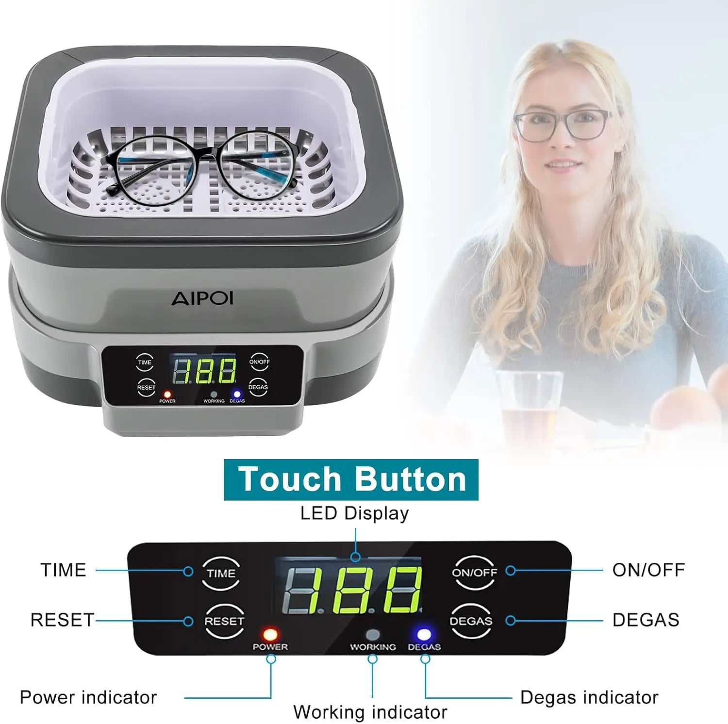 Portable Ultrasonic Cleaner 1.2L 70W with Timer & Degas for Jewelry, Glasses & Accessories