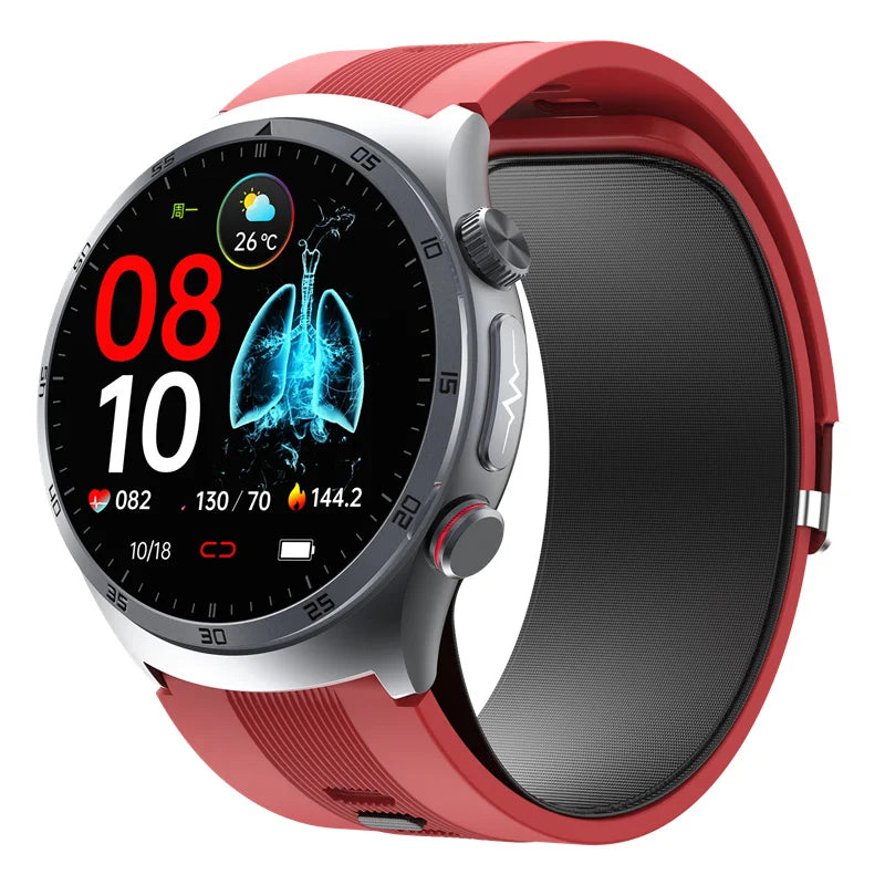 Red Smartwatch with Medical-Grade ECG & Fitness Tracker