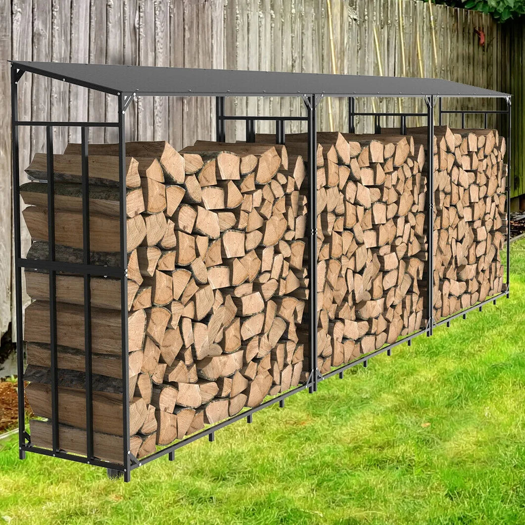 Heavy Duty Metal Firewood Rack with Cover Outdoor 300kg Log Storage Stand