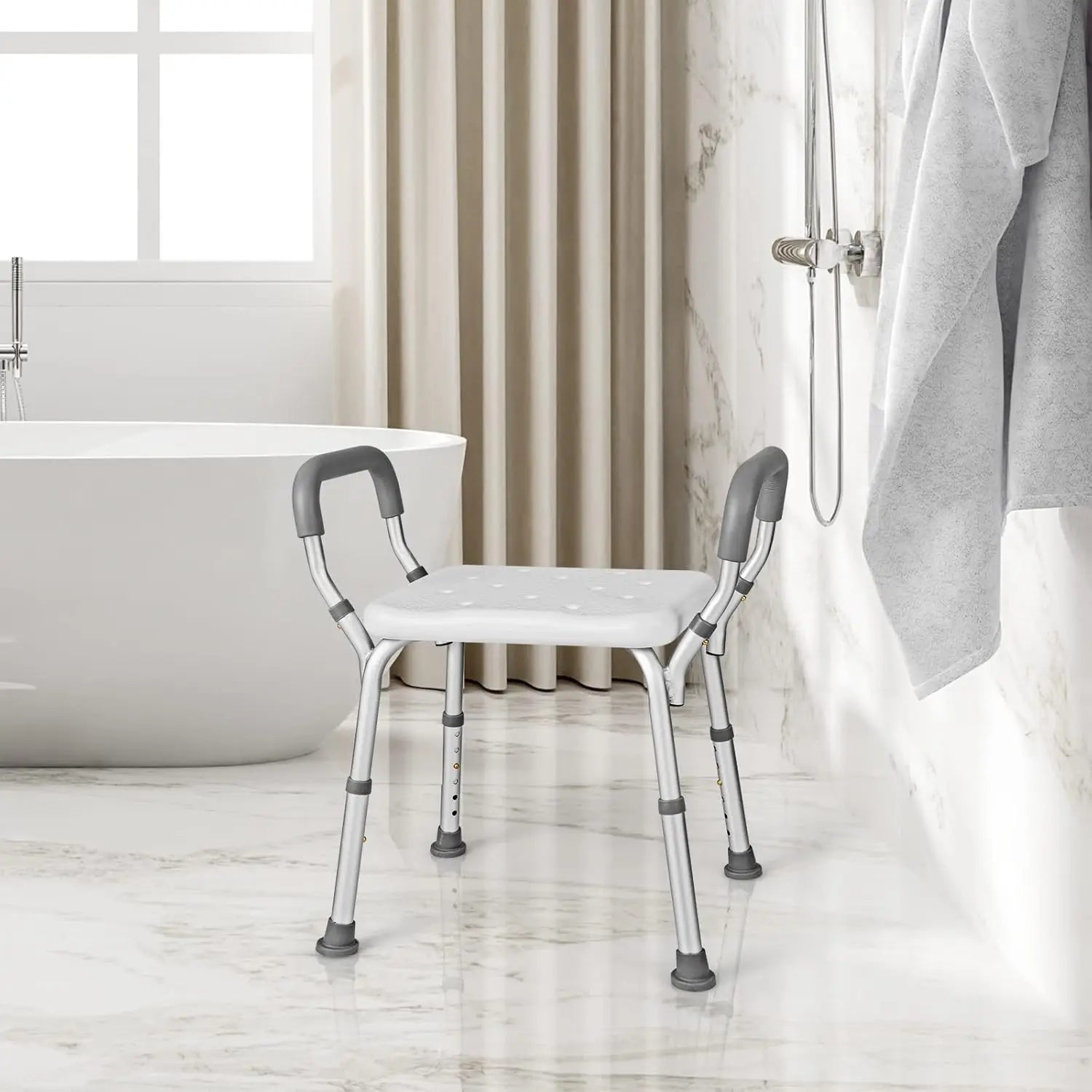 Shower Bench with Detachable Armrests Anti-Slip Bath Chair, Adjustable Height Design