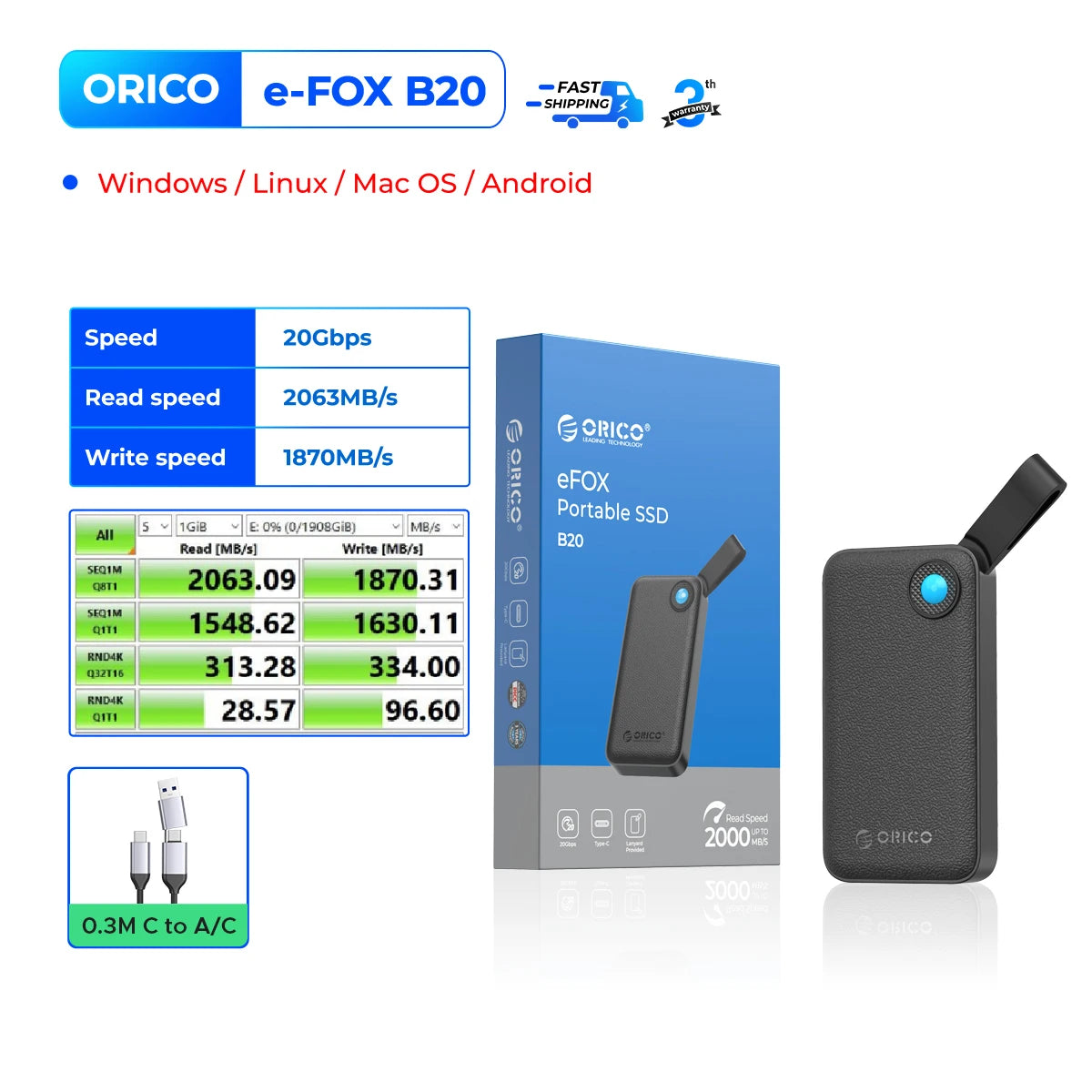 1TB External SSD – USB 3.2 Gen 2x2 Portable Drive with 2-in-1 USB-C Cable, 2000MB/s