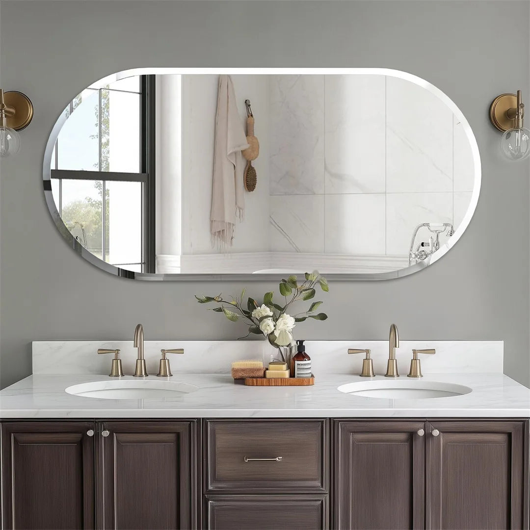 Frameless Oval Wall Mirror 80x50cm Beveled Edge, Modern Bathroom Vanity Style