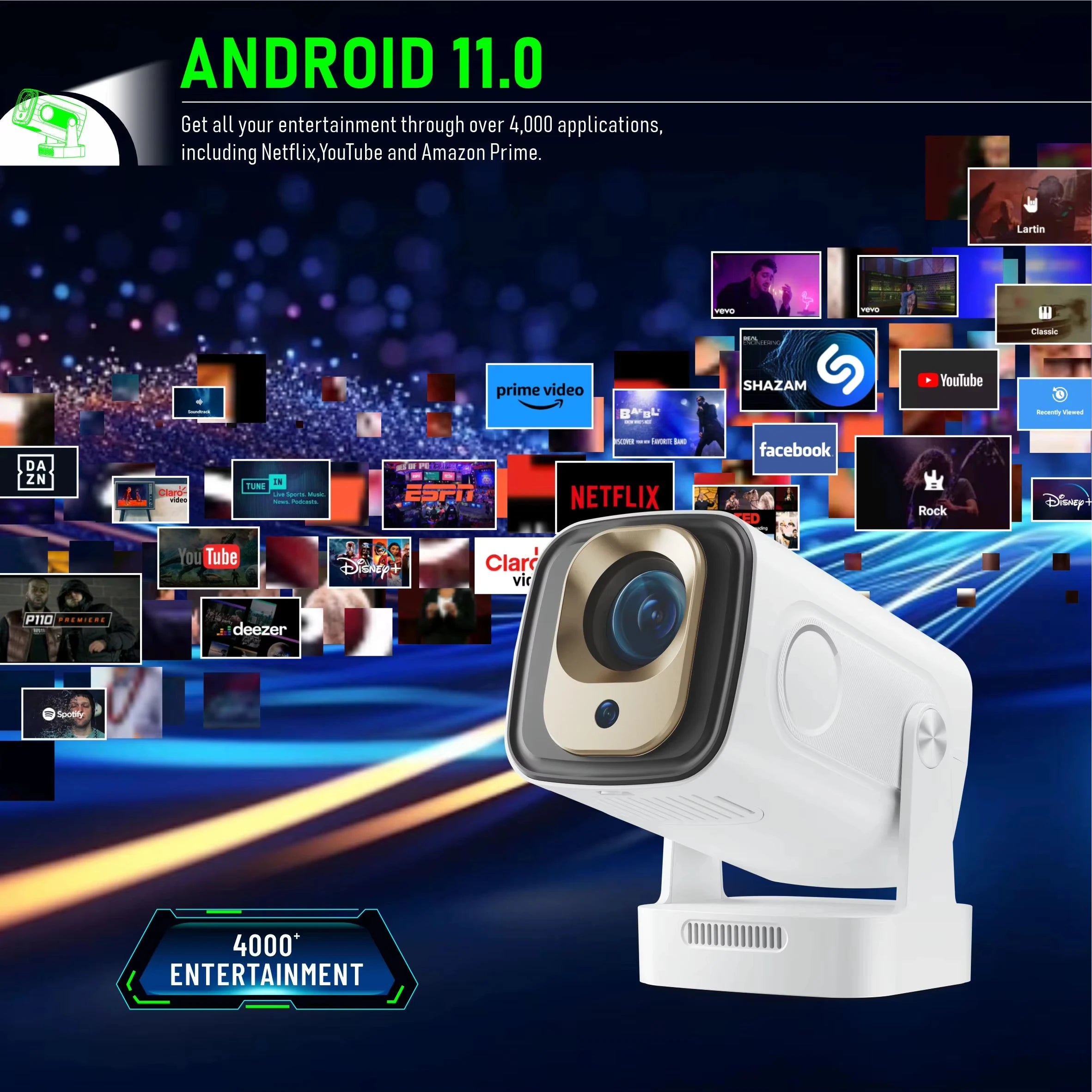 Portable 4K LED Projector with Bluetooth & Android 11