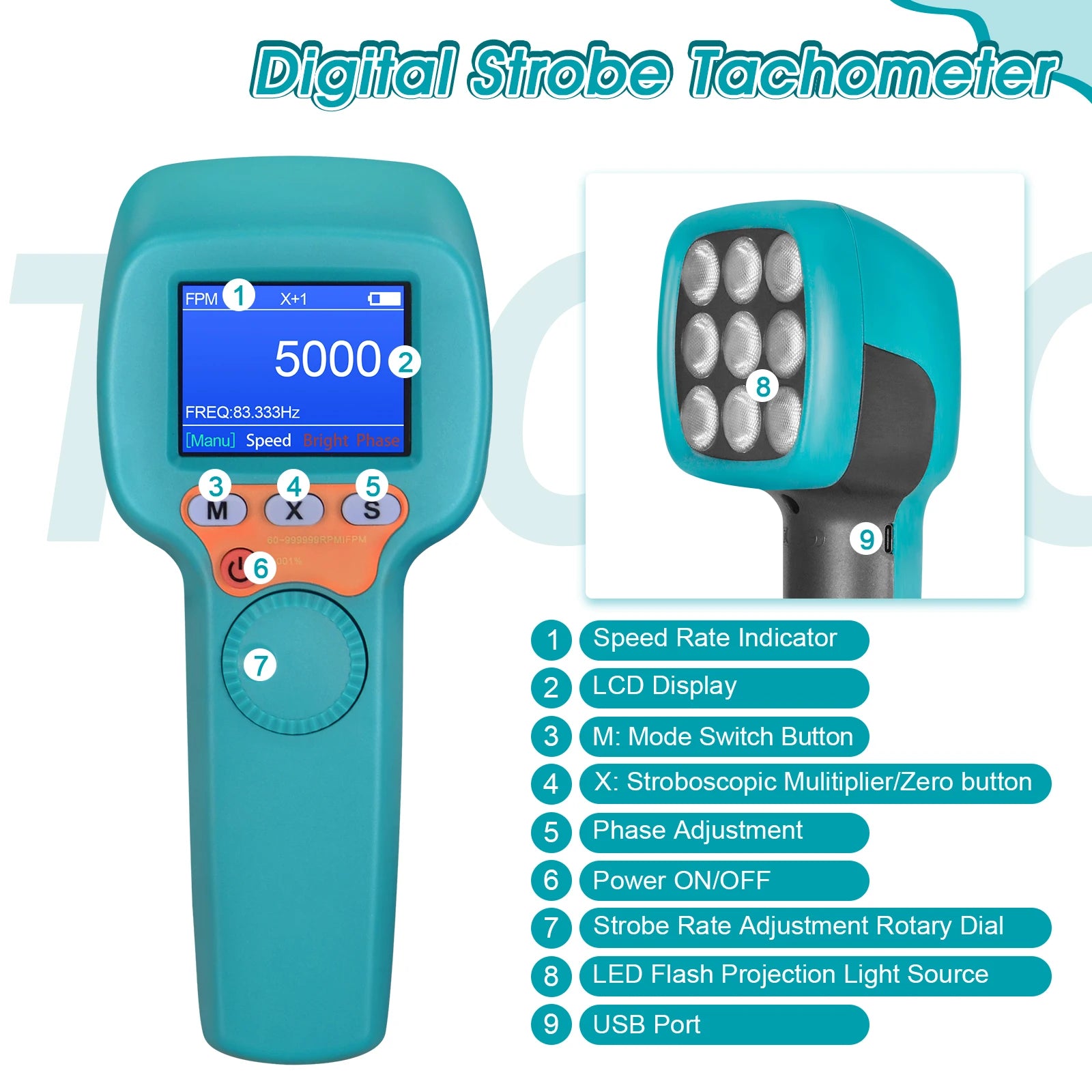 Rechargeable Stroboscope Tachometer with 8-Hour Battery Life