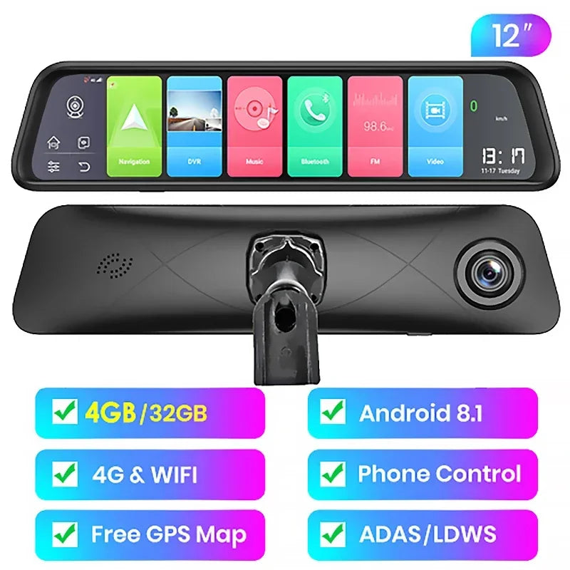 1080p Dual Dash Camera with GPS, 4G, 12 inch Touch Display