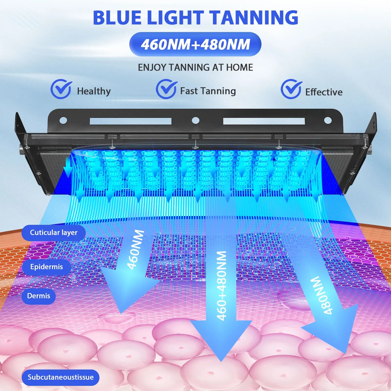 Home UV Tanning Lamp 50W 48 Blue LEDs, Adjustable Stand, EU Plug